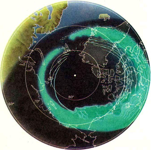 Деталь аврорального овала,наблюдаемого сверху, со стороны Северного полюса. Диффузные сияния занимают внешнюю часть однородной полосы между вечерним и полуночным секторами. Овал имеет однородную светимость в вечернем секторе и часто так широк, что заполняет все поле зрения наблюдателя на Земле. Дискретные сияния типа полос наблюдаются к полюсу от диффузных сияний. Во время пика суббури яркие формы в полуночном секторе начинают двигаться к полюсу. В утреннем секторе диффузное свечение распадается на множество структур типа полос и пятен на внешней границе овала