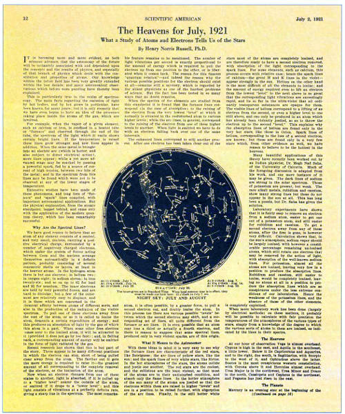 Страница июльского номера журнала «Scientific American» за 1921 г. со статьей Рассела «Что могут поведать о звездах атомы и электроны»